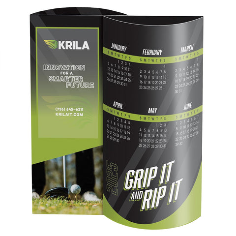 Pop-out Wave calendar with modern black and bright green golf theme. Company logo is printed on the flat side panel.