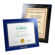 Blue and black glossy cardboard frames with gold foil borders and logo imprints.
