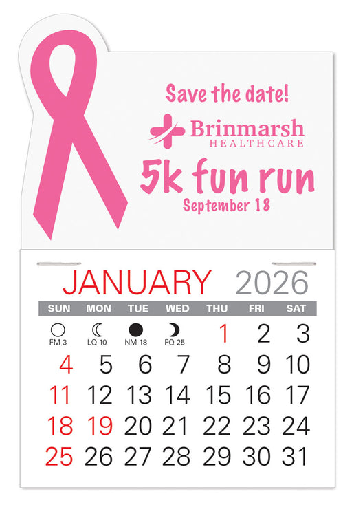 Small white adhesive calendar with pink breast cancer awareness ribbon design and custom event imprint above the calendar pad.