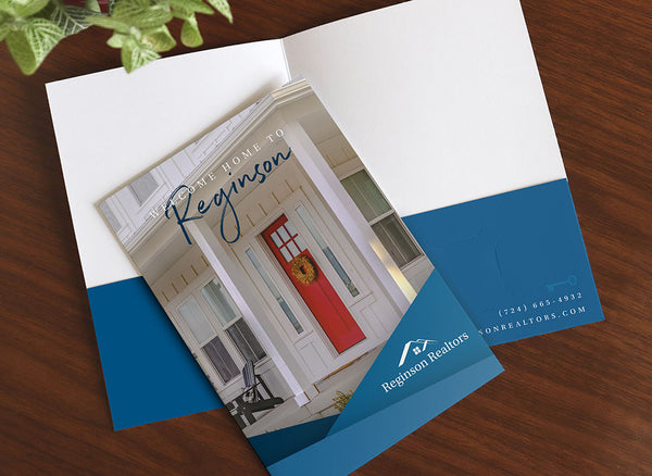 Mini realtor presentation folder with realtor logo and an image of a front porch.