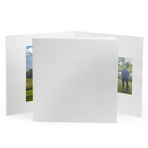 White photo folder with gold ball dimple texture holds one vertical and one horizontal photo