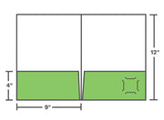 Die line drawing of a standard 9 by 12 pocket folder with two 4 inch pockets. Business card slits shown on one folder.