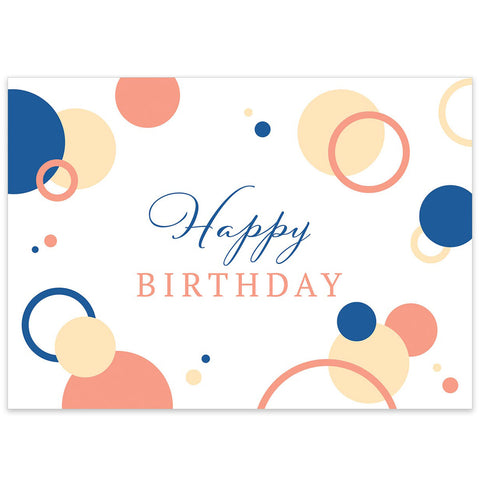 White horizontal greeting card with blue, peach, and yellow bubbles surrounding a Happy Birthday message.