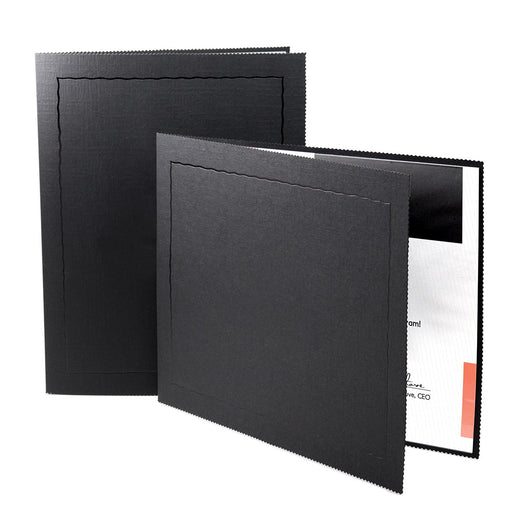 Horizontal and vertical black textured cardstock certificate folders with deckle edges and a black foil border on the front cover.