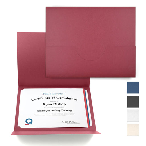 Burgundy certificate folder with color swatches for blue, black, white, and off-white.