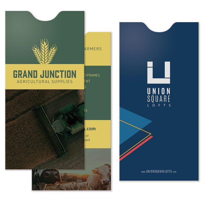 Two document sleeves, one for an agricultural supply company, the other for a real estate rental company.