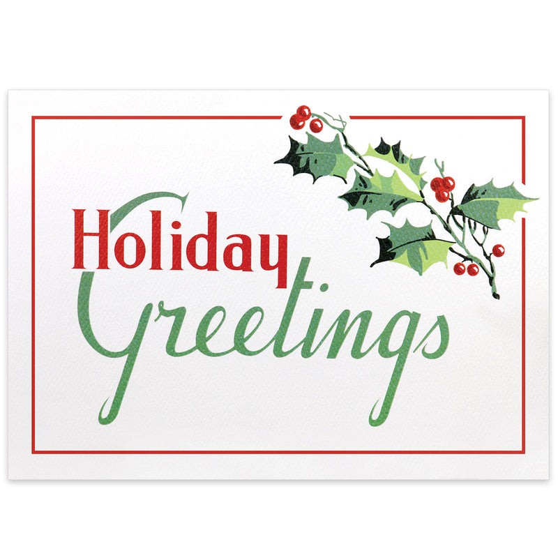 White card with red and green holly illustration design with retro-style holiday greetings text.