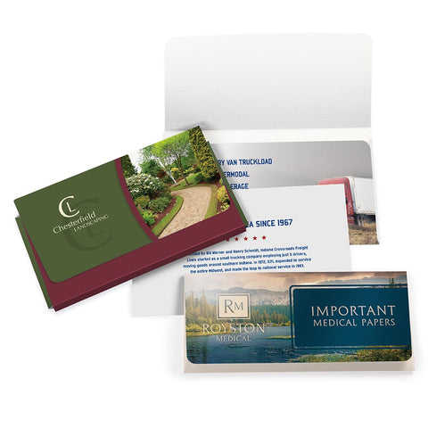 Three document pouches with full-color company branding and logos printed on them.