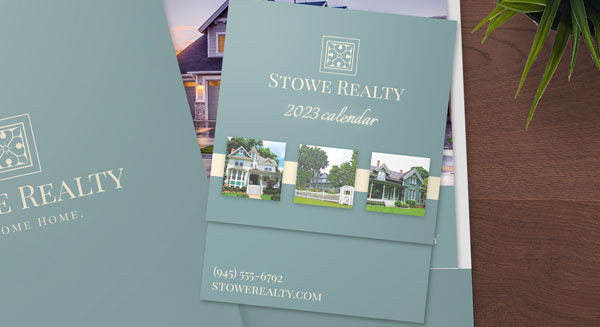 Trifold calendar and pocket folder with matching branding for a real estate office