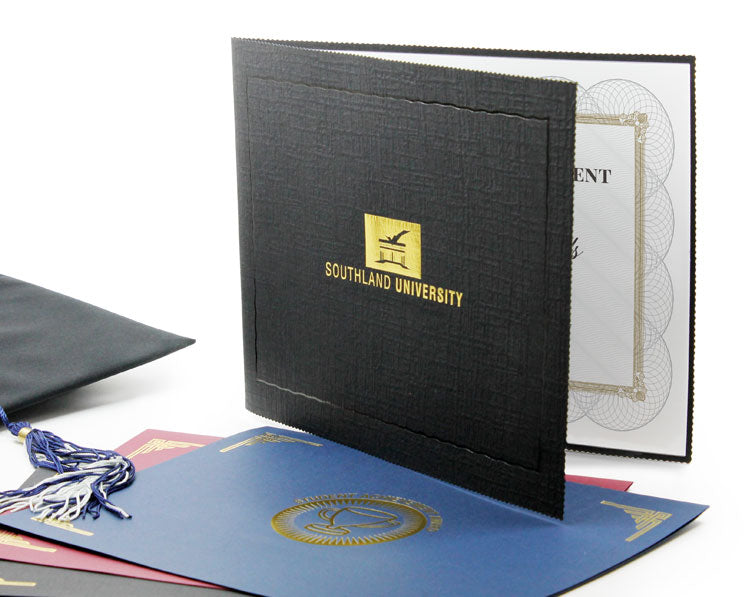 Black, burgundy, and blue card stock certificate folders with gold foil stamped school logos on the covers
