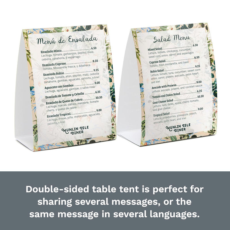 Custom table tent with English menu on one side, Spanish on the other.