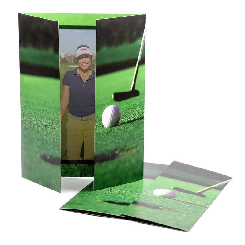 Vertical golf course themed photo folder with barn door style flaps.