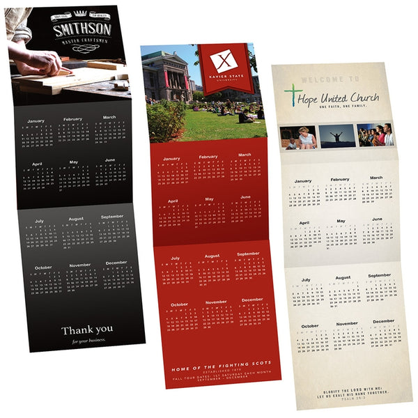 Three custom tri-fold calendars for a business, university, and church
