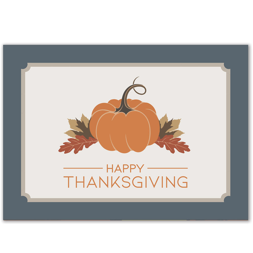 Thanksgiving greeting card in subtle colors with a pumpkin and fall leaf design.