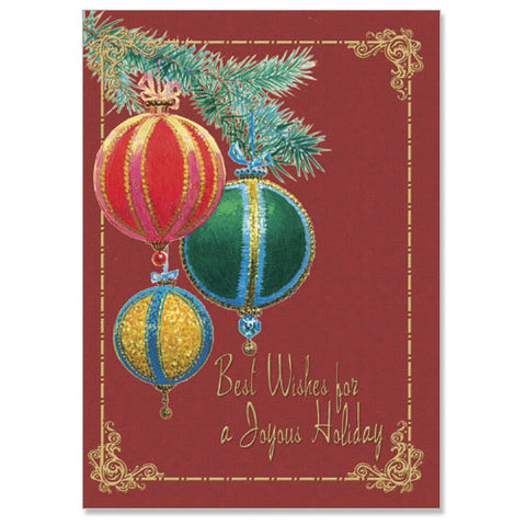 Jewel-toned decorative Christmas ornament card design with gold foil accents and design
