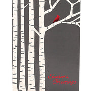 Birch trees on a gray background with red foil cardinal