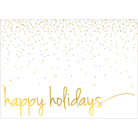 White holiday card with gold and silver foil confetti design.
