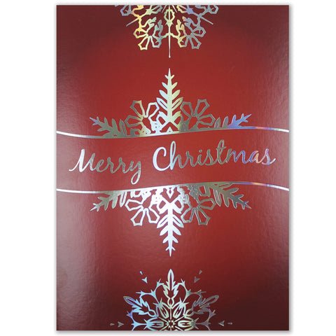 Red Christmas card with silver foil snowflake design