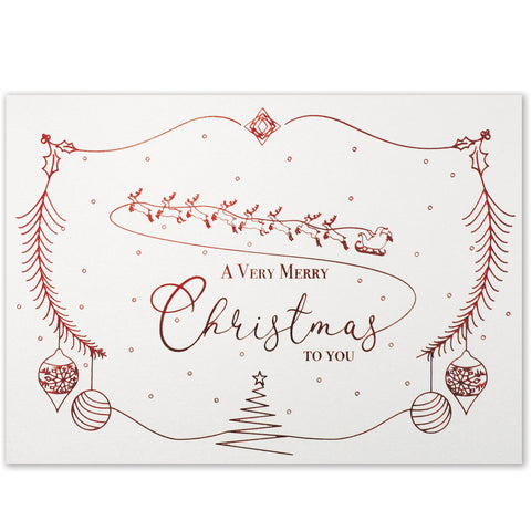 White pearlescent greeting card with bright red foil Christmas design