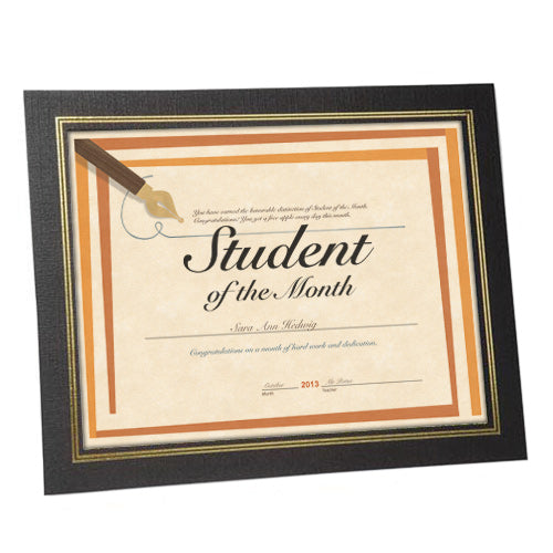 Horizontal black paper certificate frame with decorative gold foil border