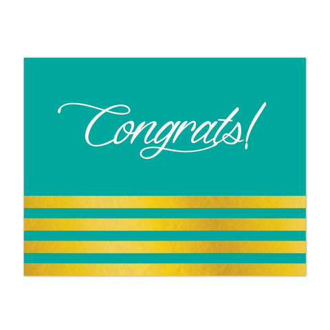 Teal greeting card with a white script Congrats! and four gold foil stripes below it across the entire width of the card.