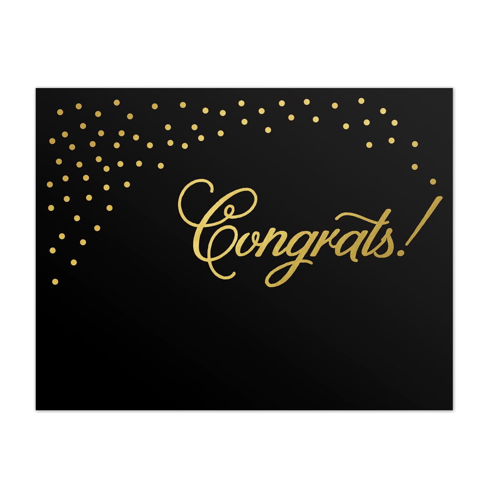 Black greeting card with gold foil bubbles and Congrats in a decorative script font.