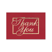 Red business thank you note card with embossed gold foil design accents