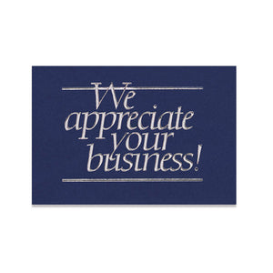 Blue business thank you note card with silver foil embossed design