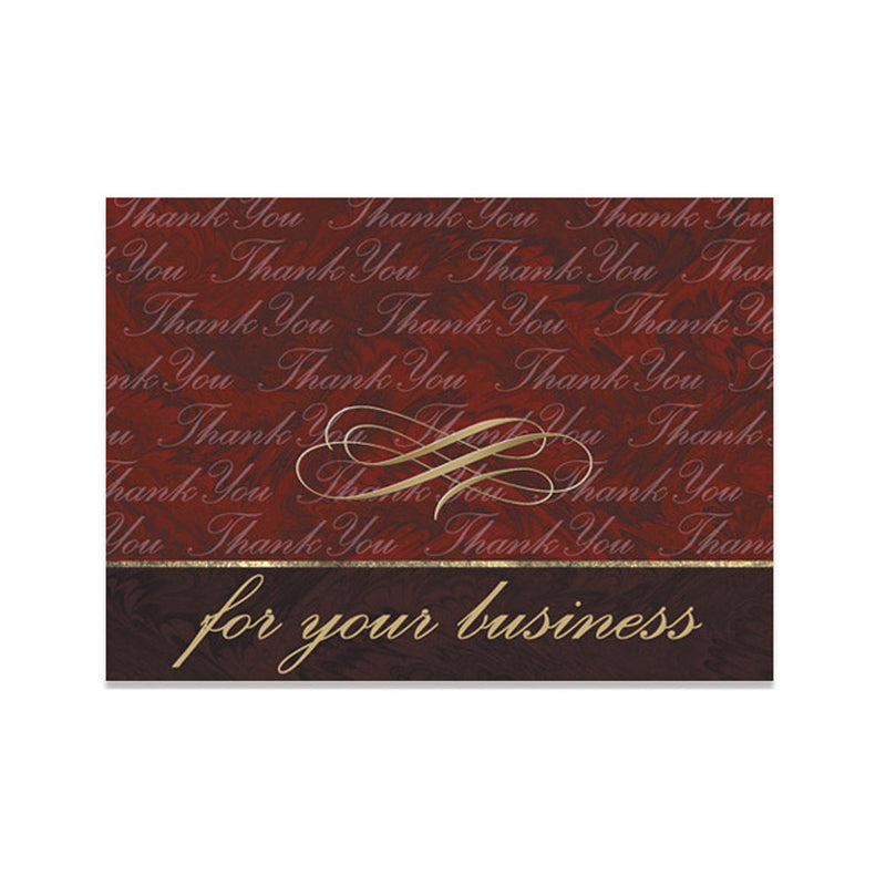 Burgundy marble business thank you note card with gold foil design accents