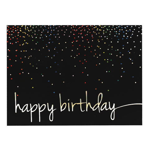 Black horizontal card with rainbow-colored confetti design and a silver script happy birthday