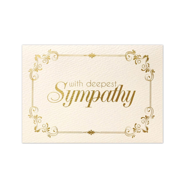 Ivory sympathy note card with ornate gold foil border and design accents