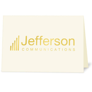 Ivory note card with metallic gold foil logo imprint.