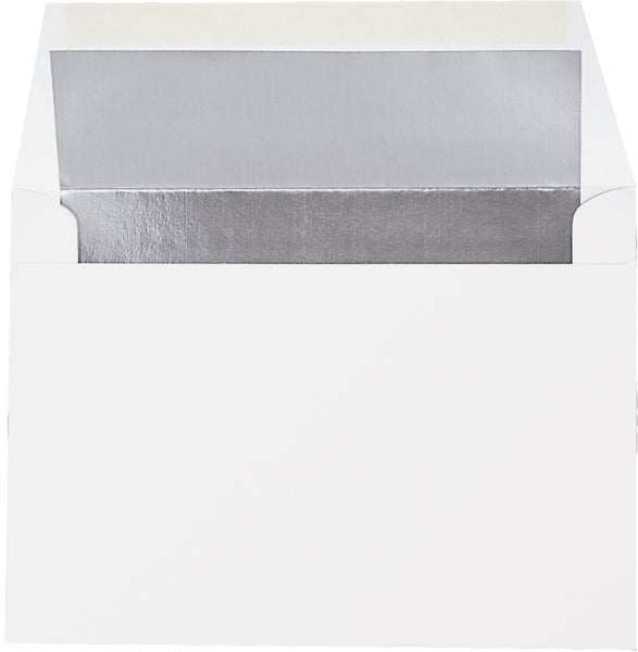 White envelope with silver foil envelope lining
