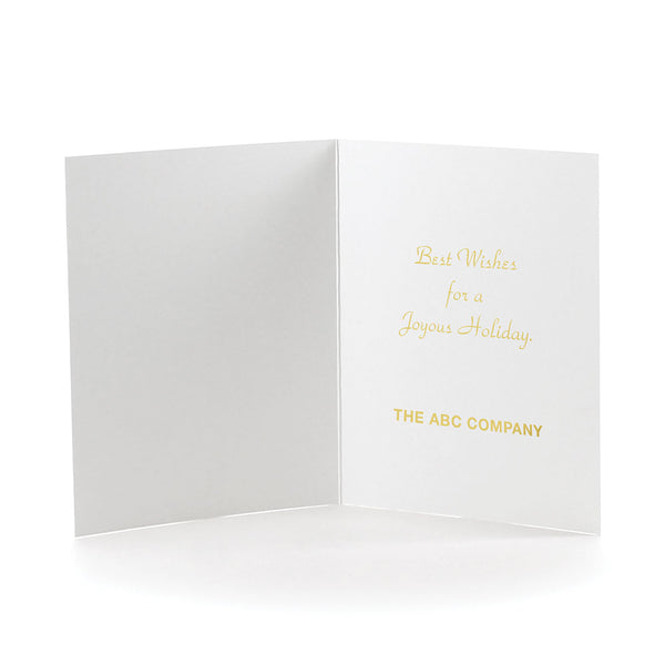 Stock holiday sentiment and sample company logo imprint in gold foil.