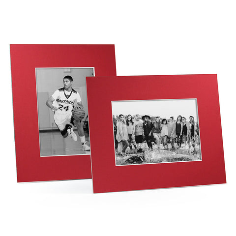 Red mat board frames in horizontal and vertical formats.