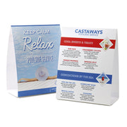 Vertical table tent for a resort advertising poolside service amenities