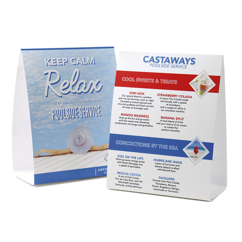 Vertical table tent for a resort advertising poolside service amenities
