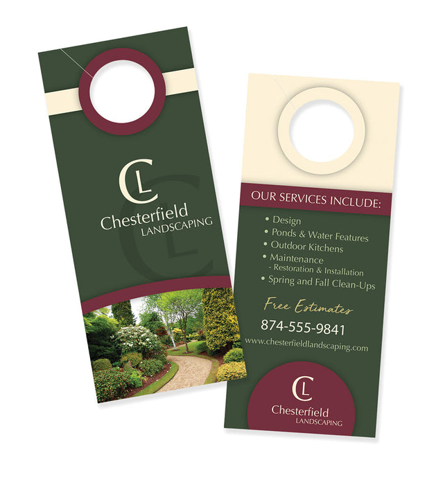 Front and back of a door hanger advertising services for a landscaping company