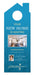 Tall door hanger has a roof and chimney shape on the top and is printed with a realtor's advertisement.