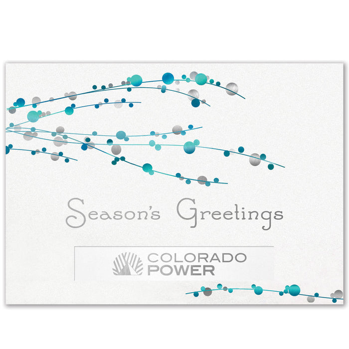 Pearlescent white horizontal card with window that shows a company logo. Silver and turqouise berry branches surround a Season's Greetings design and the logo window.