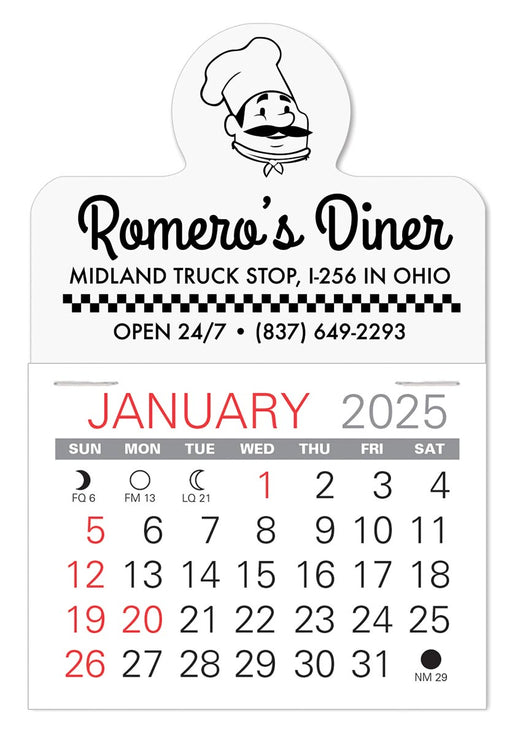 White calendar with circle on top with a graphic of a chef with hat and mustached. Below is an advertisement for a diner at a truck stop.