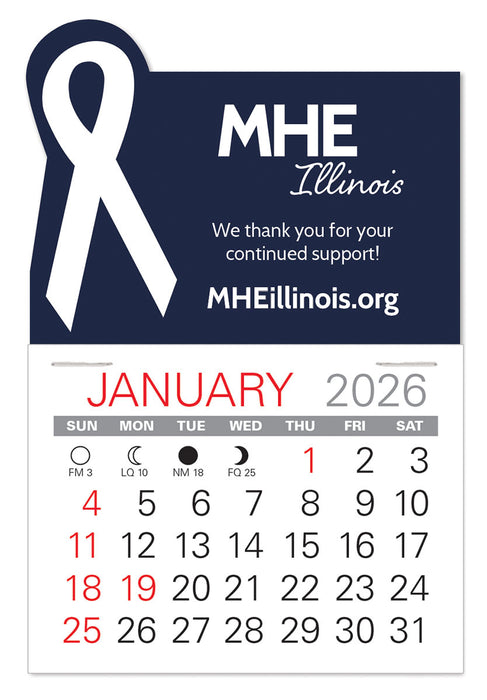 Calendar for January 2026 with a white ribbon symbol on a blue background, featuring MHE Illinois text.