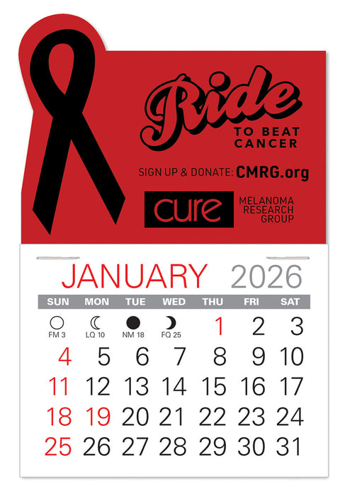 Calendar for January 2026 with a black ribbon and red background, featuring 'Ride to Beat Cancer' and 'Cure' logos.