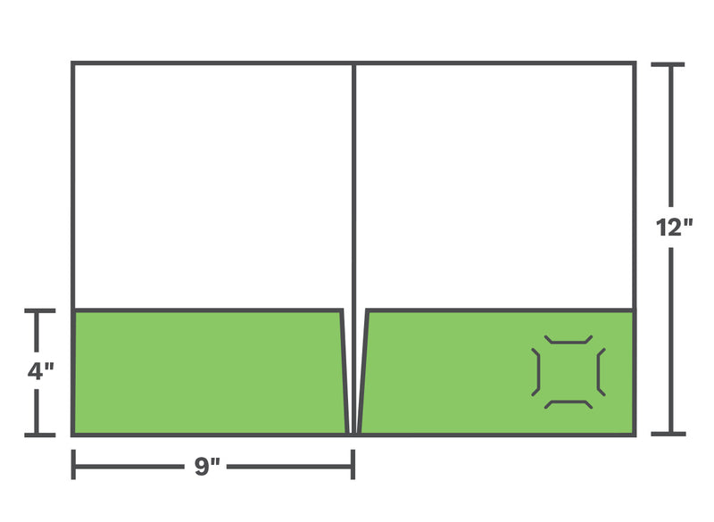 Die line drawing of a standard 9 by 12 pocket folder with two 4 inch pockets. Business card slits shown on one folder.