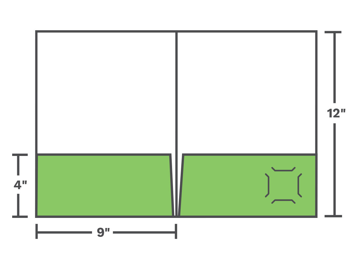 Die line drawing of a standard 9 by 12 pocket folder with two 4 inch pockets. Business card slits shown on one folder.