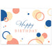 White horizontal greeting card with blue, peach, and yellow bubbles surrounding a Happy Birthday message.