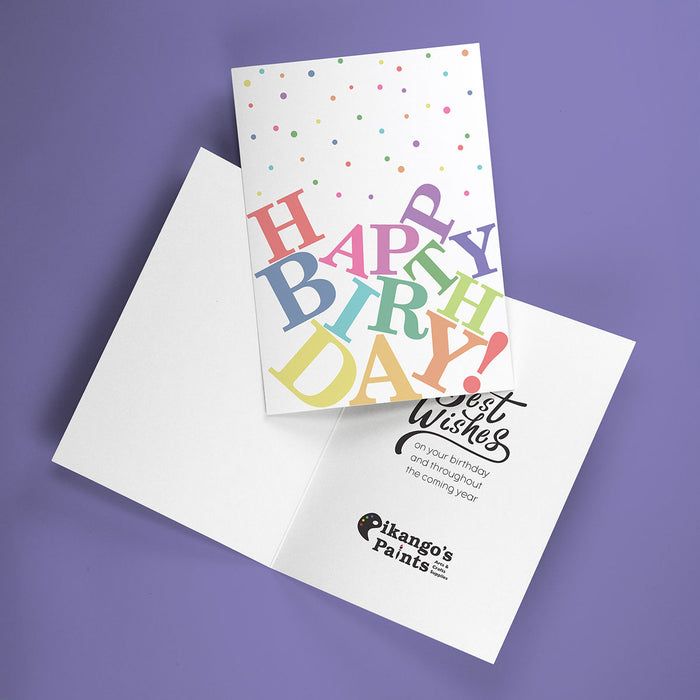 Birthday card with jumbled letters and polka dot design with custom sentiment and logo printed inside the card.