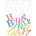 Colorful confetti rains down from the top of this vertical greeting card design. The letters of Happy Birthday are all jumbled up on the bottom half of the card, all in different colors.