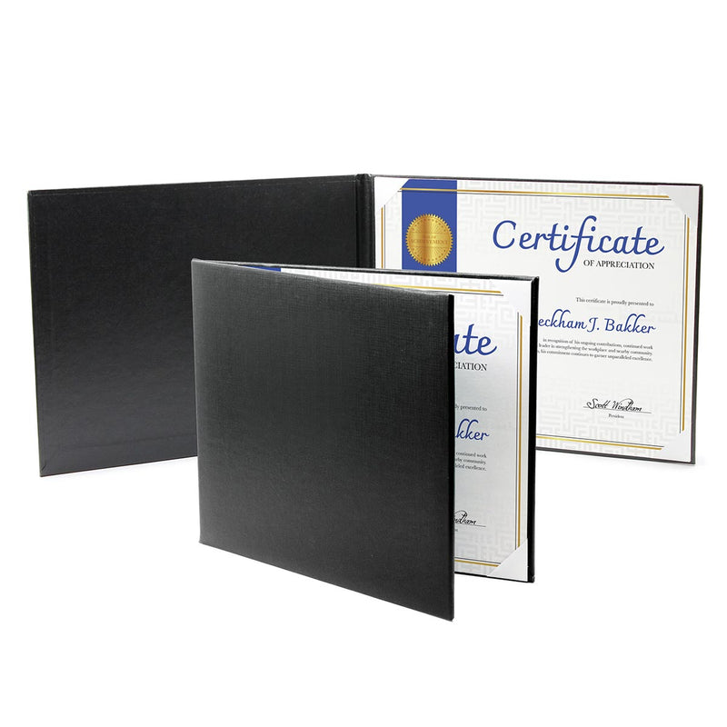 Black padded folio for framing certificate. White ribbons hold certificate in place.