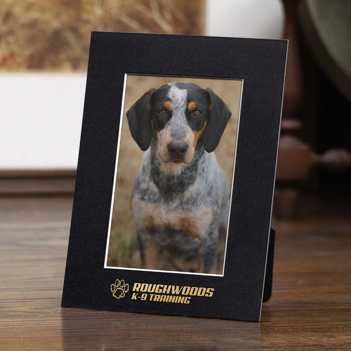 Black mat board promotional picture frame with gold foil logo imprint